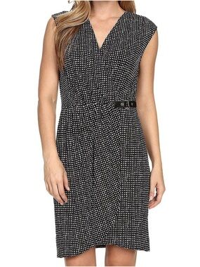 Michael Kors Wrap Dress 1X Black White Print Stretch Midi Plus Size MK Accent